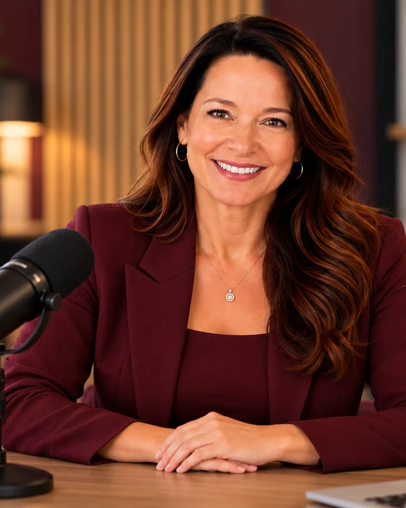 Lisa Thomas, host of The 96% Perfect Podcast, at the microphone in her studio.